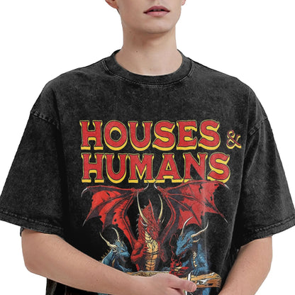 Washed T Shirt Houses and Humans Retro 90s Hip Hop T-Shirt Oversize Dungeon Dragon DnD Streetwear Printed Tops Tees for Men