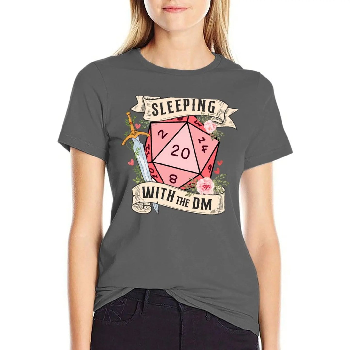 SLEEPING WITH THE DUNGEON MASTER: Cute D20 dnd dice with flowers and sword T-Shirt funnys Women clothes
