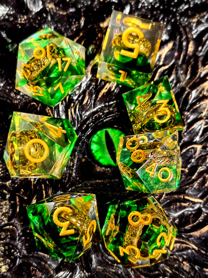 DnD Dice Set - 7-Piece Sharp Edge Resin Dice with Inner Ring, Green Polyhedral Dice for RPG & Dungeons and Dragons
