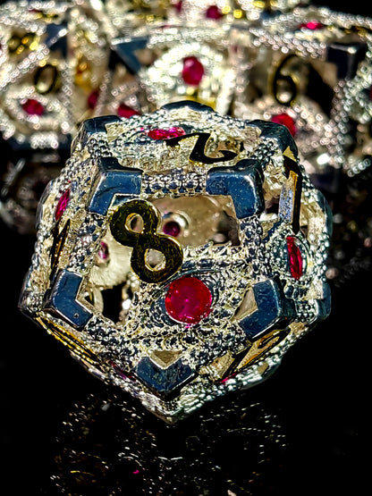 DnD Metal Dice Set - 7 Piece Zinc Alloy Polyhedral Dice with Bright Silver & Gold Numbers for Dungeons and Dragons RPG Games
