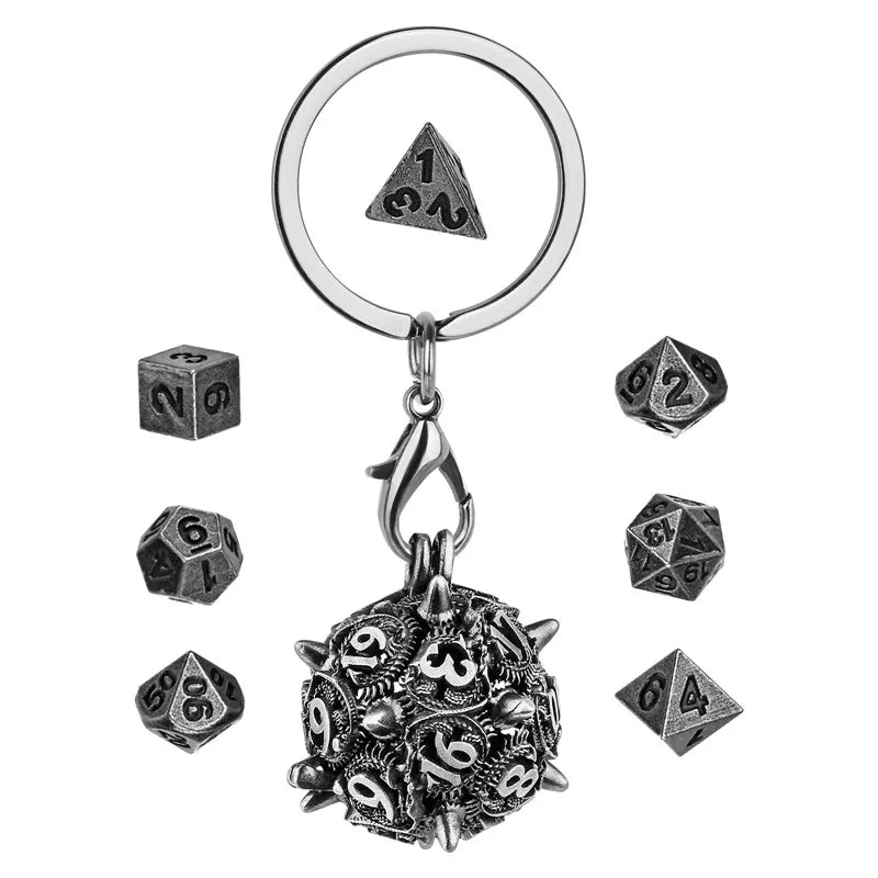 7pcs/set Tiny Metal Polyhedral Dice with Necklace Chain Key Ring D20 Storage Case Entertainment Table Board Role Play Game