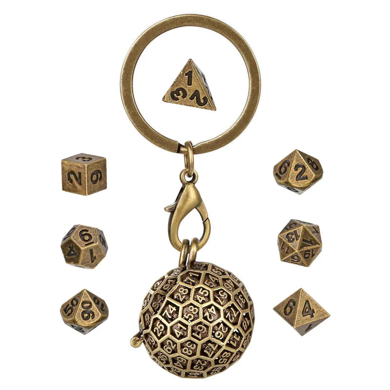7pcs Tiny Metal Polyhedral Dice Set with Pendant Necklace Chain Key Ring Round D100 Storage Case Table Board Game Accessory