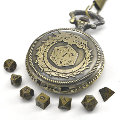 Vintage Dragon Pocket Watch Box Dice Necklace Board Game Accessories, Fashion Jewelry Gifts for Men and Women