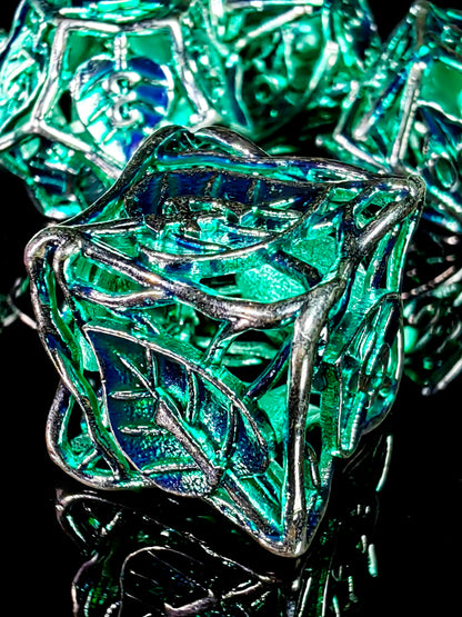 DnD Dice Set - 7 Piece Zinc Alloy Metal Dice with Leaf Pattern, Green Base Silver Numbers for RPG, Dungeons & Dragons