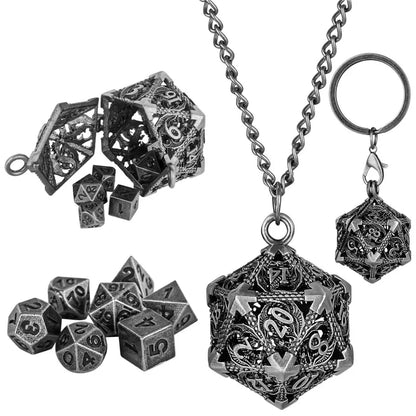 Portable Keychain with Hollow D20 Metal Case Tiny 7pcs Polyhedral Metal Dice Set Gaming Dices Accessory Necklace Pendant Chain
