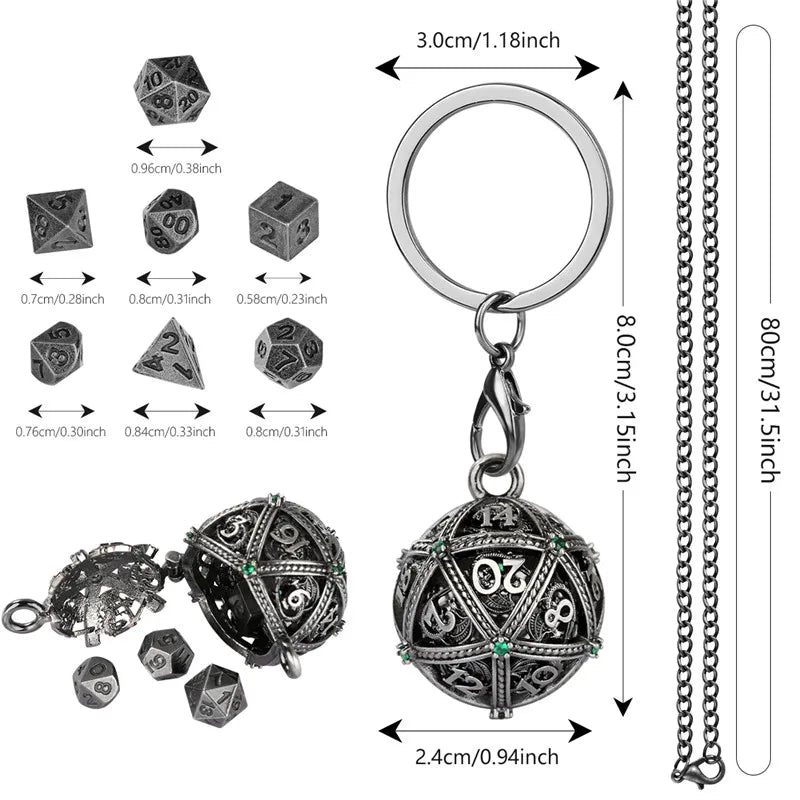 7pcs Mini Metal Polyhedral Dice Set RPG Gaming Dices Storage Case Hollow Round D20 Case Pendant Key Ring Necklace Chain Gift