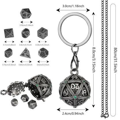 7pcs Mini Metal Polyhedral Dice Set RPG Gaming Dices Storage Case Hollow Round D20 Case Pendant Key Ring Necklace Chain Gift