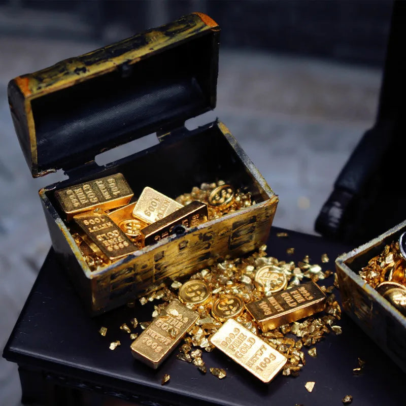 1set Dollhouse Gold Coins Gold Bars Treasure Model with Box Treasure Dollhouse Doll Accessories Miniature Ornaments Decoration