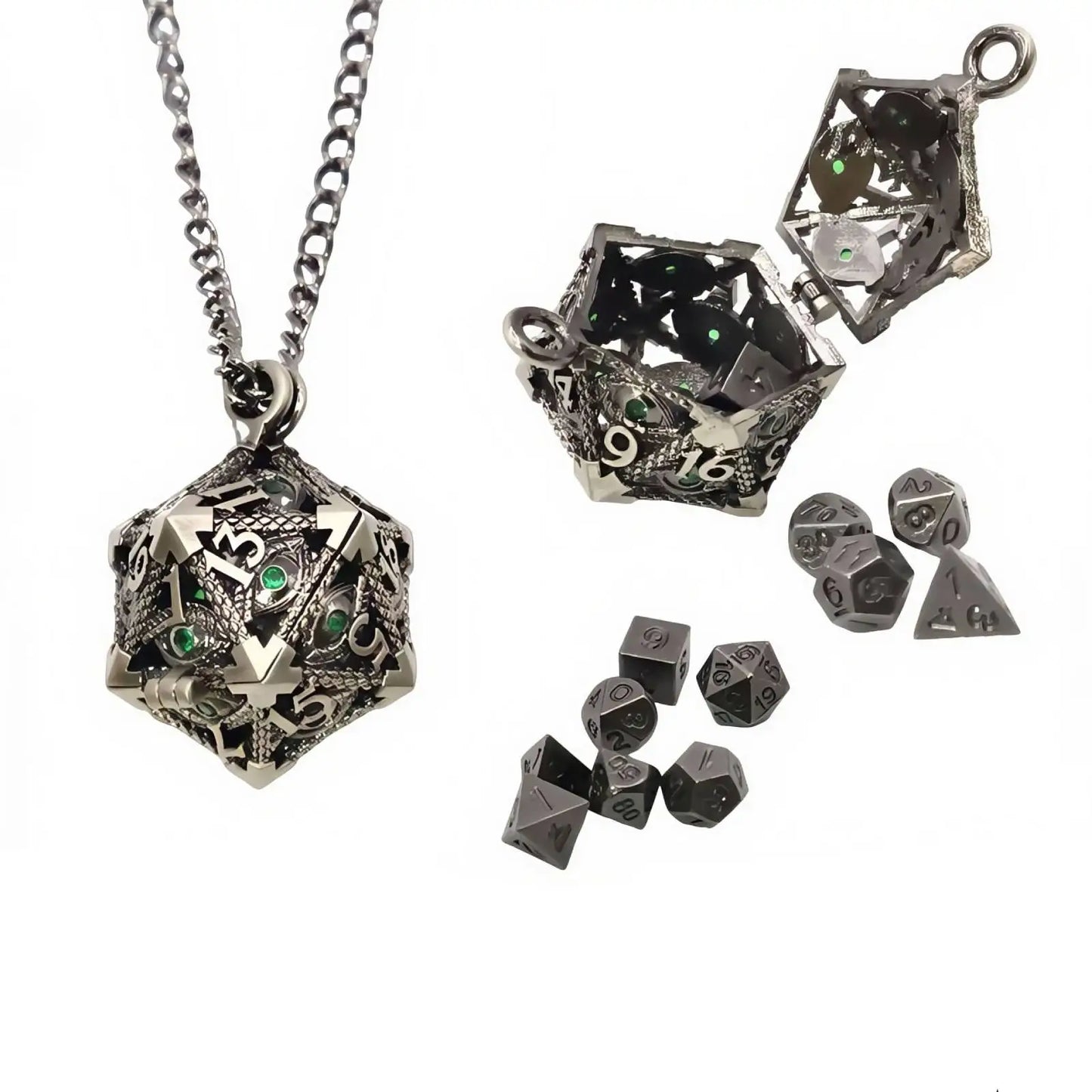 Diamond DND Dice Jewelry Necklace Hollow D20 Metal Case D20 Dragon metal Dice w/ Diamond Polyhedral Metal Dice Set Gaming Dices