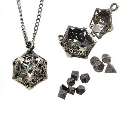 Diamond DND Dice Jewelry Necklace Hollow D20 Metal Case D20 Dragon metal Dice w/ Diamond Polyhedral Metal Dice Set Gaming Dices