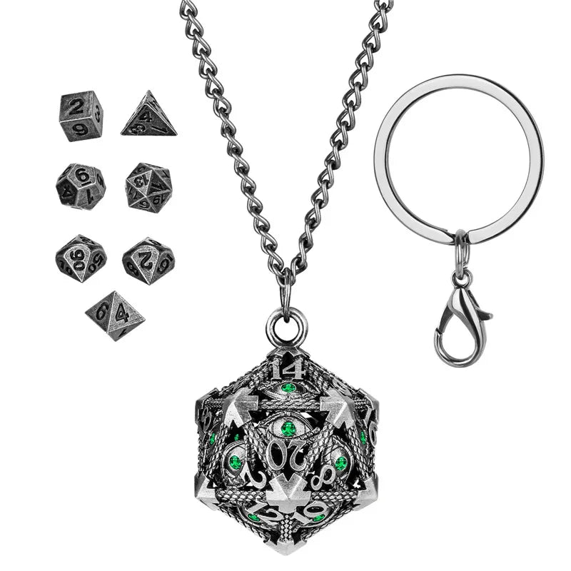 7pcs/set Tiny Metal Polyhedral Dice Role Play Gaming Dices with Hollow D20 Case Green Crystal Pendant Key Ring Necklace Chain