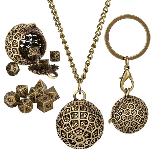 7pcs Tiny Metal Polyhedral Dice Set with Pendant Necklace Chain Key Ring Round D100 Storage Case Table Board Game Accessory