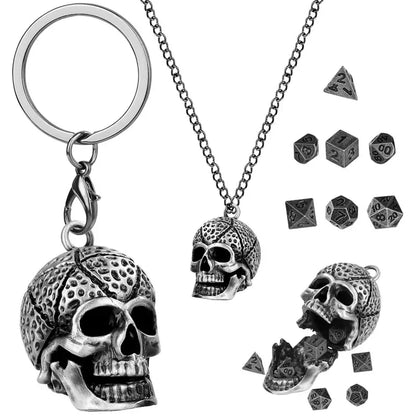 Gothic Portable Key Ring Necklace Chain with Hollow Skull Head Storage Case for 7pcs Tiny Polyhedral Dice Set Gaming Dices
