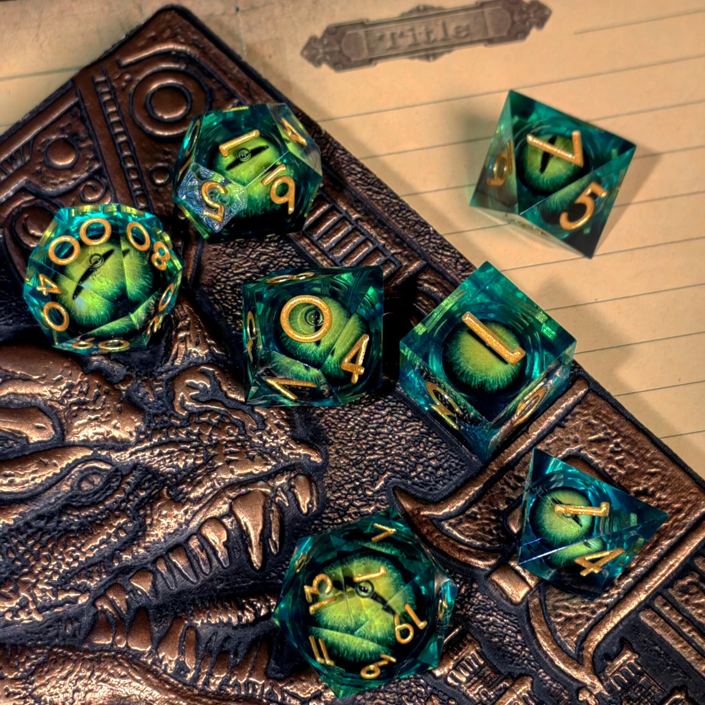 DnD Dice Set - 7-Piece Resin Polyhedral Dice with Spinning Dragon Eye Core, Light Green for Dungeons and Dragons, Tabletop Games