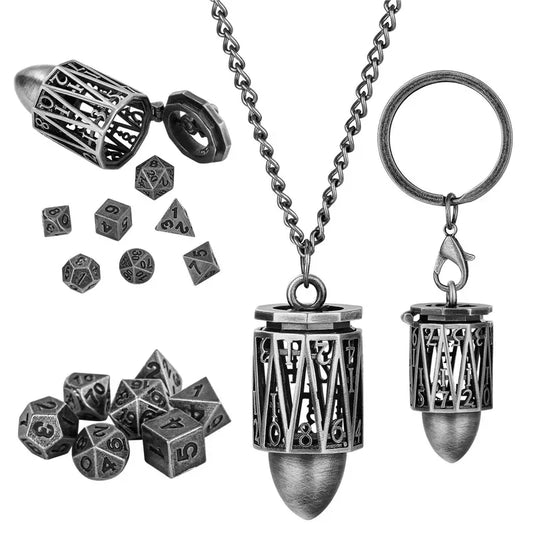 Portable Key Chain with Hollow D20 Metal Case Tiny 7pcs Polyhedral Metal Dice Set Gaming Dices Storage Case Necklace Chain