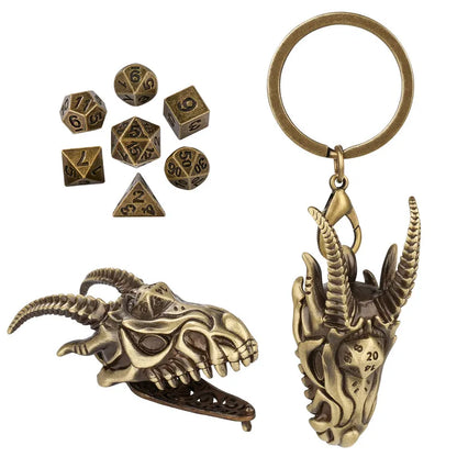 7pcs/set Tiny Polyhedral Dice with Pendant Key Ring Metal Dragon Head Case Role Play Gaming Dices Storage Case Necklace Chain