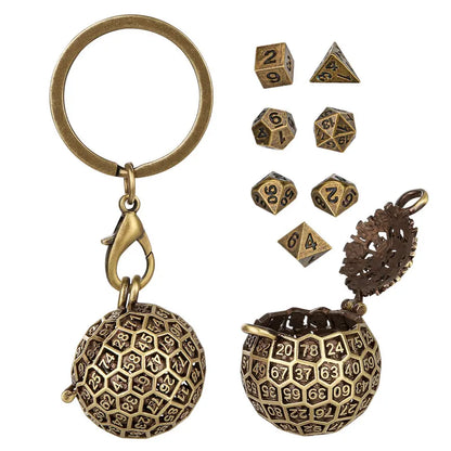 7pcs Tiny Metal Polyhedral Dice Set with Pendant Necklace Chain Key Ring Round D100 Storage Case Table Board Game Accessory