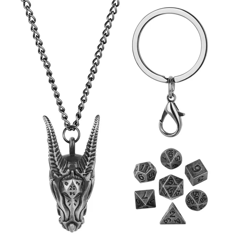 Cool Key Ring with Metal Dragon Head Case 7pcs Mini Polyhedral Dice Set Role Play Gaming Dices Storage Case with Necklace Chain