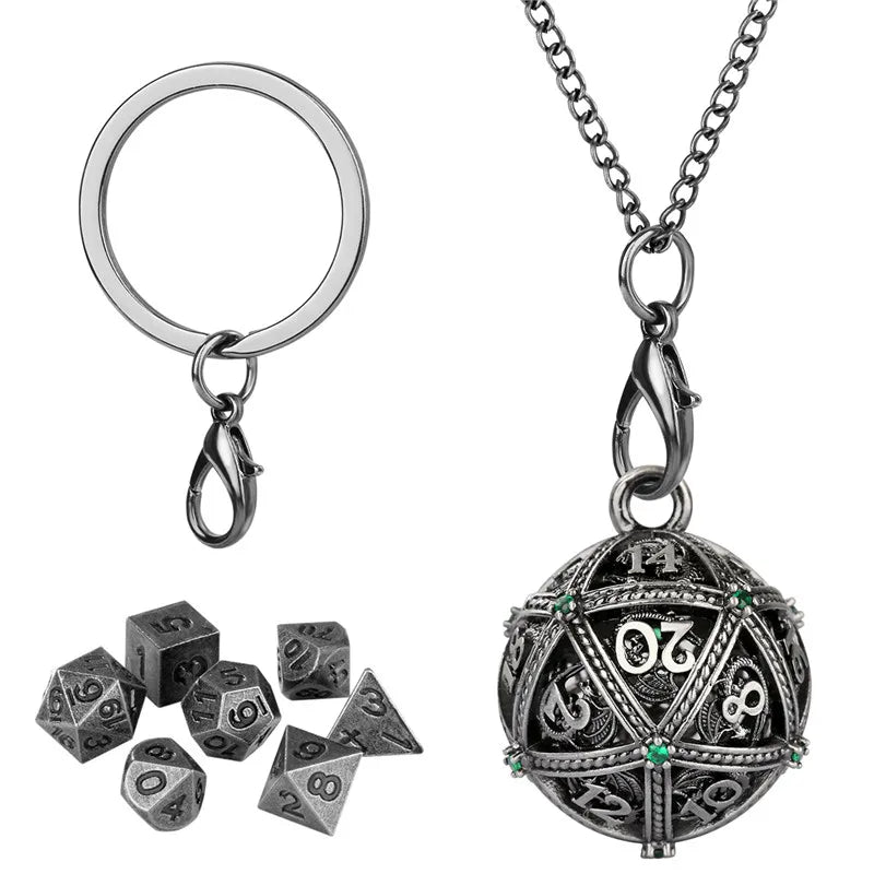 7pcs Mini Metal Polyhedral Dice Set RPG Gaming Dices Storage Case Hollow Round D20 Case Pendant Key Ring Necklace Chain Gift