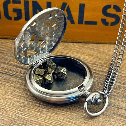 Vintage Octopus Pocket Watch Box 7 Pieces Mini Metal Polyhedron Dice Pendant Necklace Party Board Game Accessories Kids Gifts