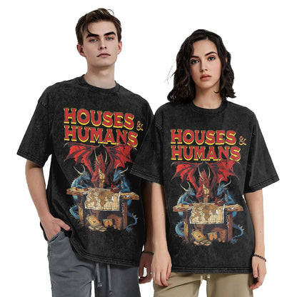 Washed T Shirt Houses and Humans Retro 90s Hip Hop T-Shirt Oversize Dungeon Dragon DnD Streetwear Printed Tops Tees for Men