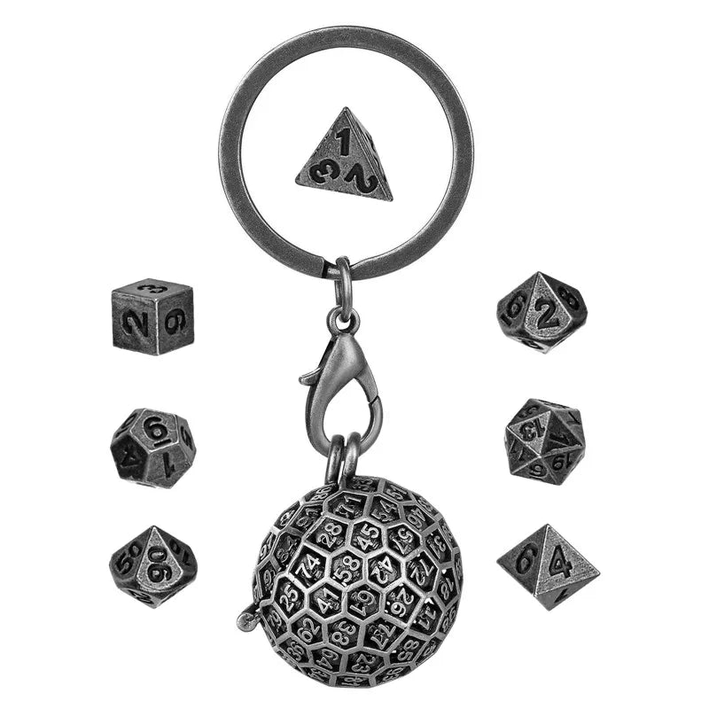 7pcs Tiny Metal Polyhedral Dice Set with Pendant Necklace Chain Key Ring Round D100 Storage Case Table Board Game Accessory
