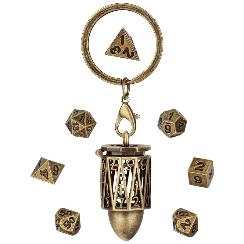 Portable Key Chain with Hollow D20 Metal Case Tiny 7pcs Polyhedral Metal Dice Set Gaming Dices Storage Case Necklace Chain