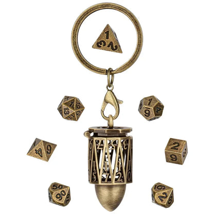 Portable Key Chain with Hollow D20 Metal Case Tiny 7pcs Polyhedral Metal Dice Set Gaming Dices Storage Case Necklace Chain