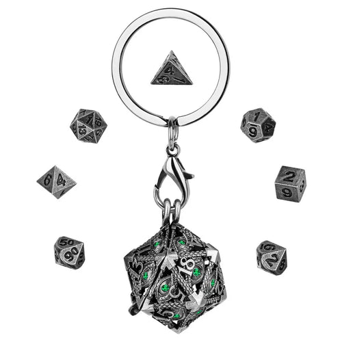 7pcs/set Tiny Metal Polyhedral Dice Role Play Gaming Dices with Hollow D20 Case Green Crystal Pendant Key Ring Necklace Chain