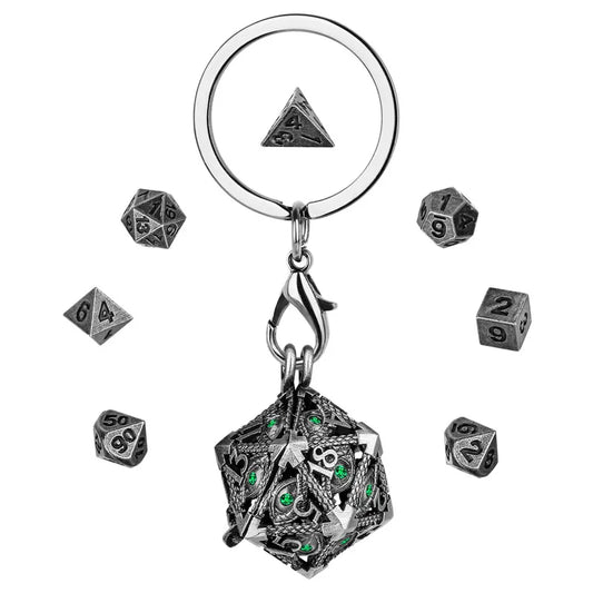 7pcs/set Tiny Metal Polyhedral Dice Role Play Gaming Dices with Hollow D20 Case Green Crystal Pendant Key Ring Necklace Chain