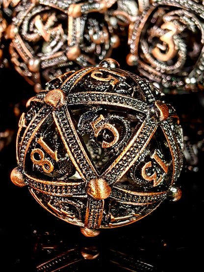 DnD Metal Dice Set - 7 Piece Zinc Alloy Dragon Pattern Polyhedral Dice for Dungeons and Dragons RPG - Red Copper Color