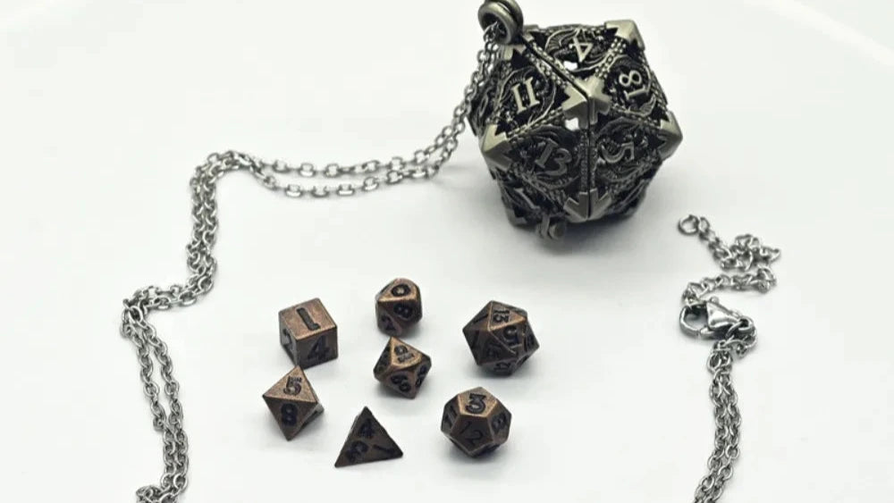 1 Set 20-sided Hollow Metal Dice Necklace TRPG Exquisite Hollow Metal Dice Torque DND Mini Polyhedral Dice Necklace