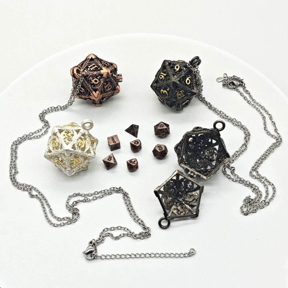 1 Set 20-sided Hollow Metal Dice Necklace TRPG Exquisite Hollow Metal Dice Torque Mini DND Polyhedral Dice Necklace Board Game