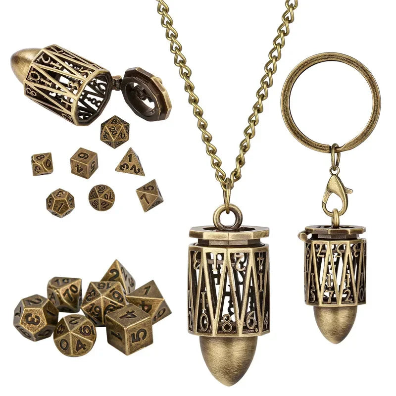 Portable Key Chain with Hollow D20 Metal Case Tiny 7pcs Polyhedral Metal Dice Set Gaming Dices Storage Case Necklace Chain