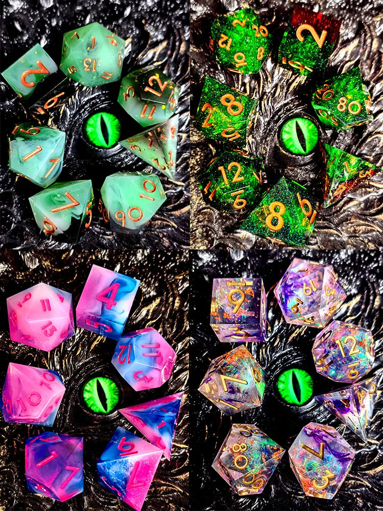 DnD Dice Set - Sharp Edge Resin Dice, Light Green with Gold Numbers, Perfect for Dungeons & Dragons, Tabletop RPG