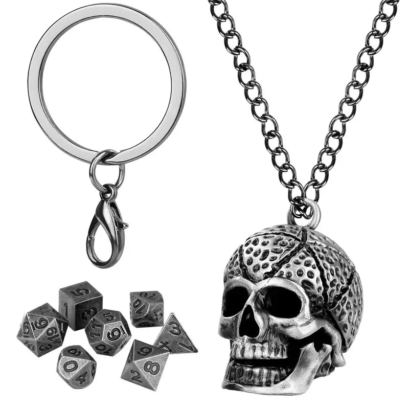 Gothic Portable Key Ring Necklace Chain with Hollow Skull Head Storage Case for 7pcs Tiny Polyhedral Dice Set Gaming Dices