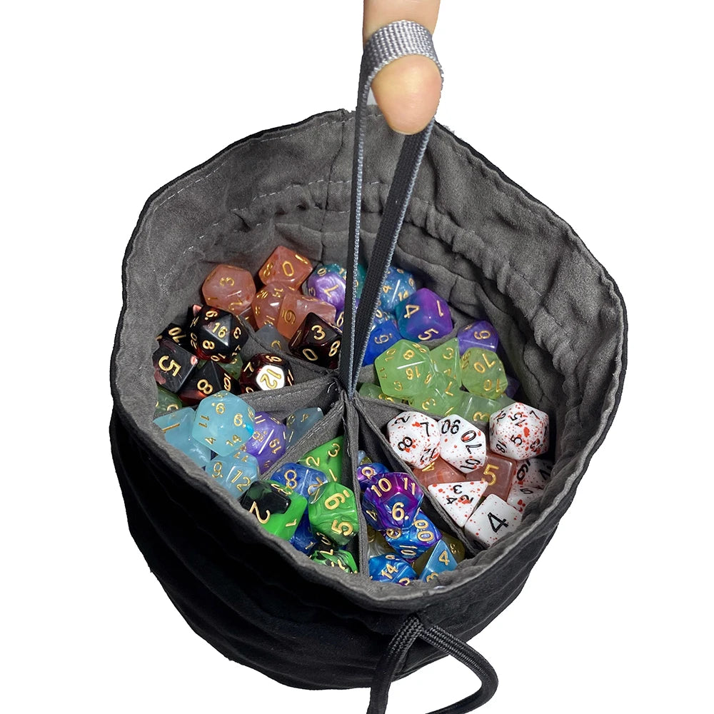 Black Dice Hand Bag with Drawstring 8 Inside Pockets for Table Board Games Storage Accessories for RPG DnD Dice,15cm*13cm