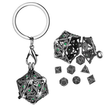 Retro Hollow D20 Case Pendant Key Ring 7pcs Mini Polyhedral Dice Set Role Play Gaming Dices Storage Case with Necklace Chain