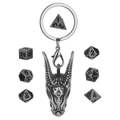 7pcs/set Tiny Polyhedral Dice with Pendant Key Ring Metal Dragon Head Case Role Play Gaming Dices Storage Case Necklace Chain