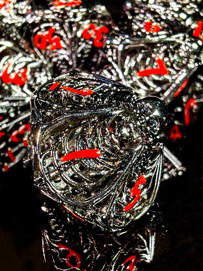 DnD Metal Dice Set - Zinc Alloy Skull Design, Silver Base with Red Numbers, Perfect for Dungeons & Dragons, RPG Games