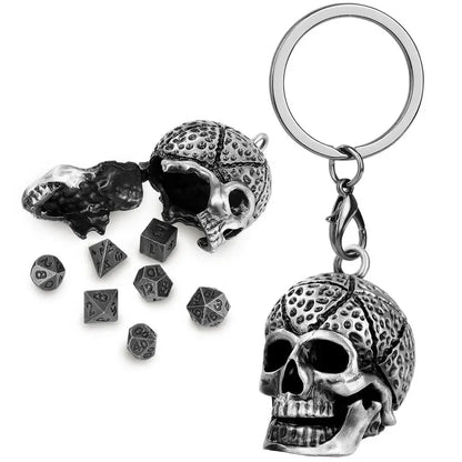 Gothic Portable Key Ring Necklace Chain with Hollow Skull Head Storage Case for 7pcs Tiny Polyhedral Dice Set Gaming Dices