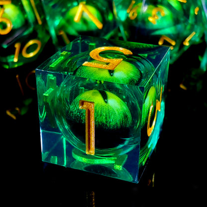 DnD Dice Set - 7-Piece Resin Polyhedral Dice with Spinning Dragon Eye Core, Light Green for Dungeons and Dragons, Tabletop Games