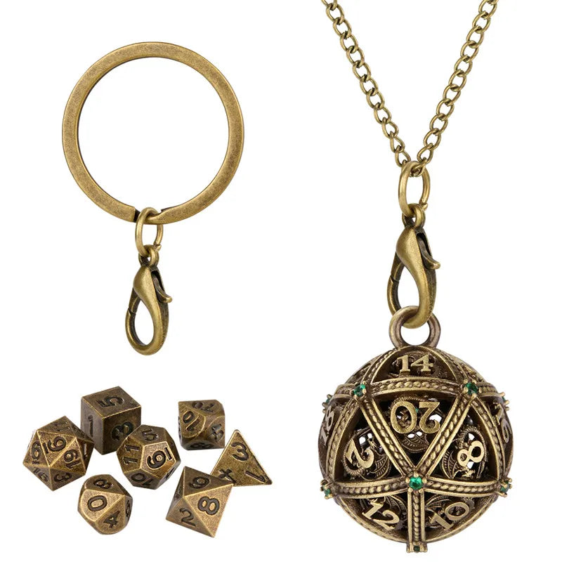 7pcs Mini Metal Polyhedral Dice Set RPG Gaming Dices Storage Case Hollow Round D20 Case Pendant Key Ring Necklace Chain Gift