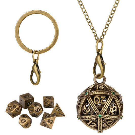 7pcs Mini Metal Polyhedral Dice Set RPG Gaming Dices Storage Case Hollow Round D20 Case Pendant Key Ring Necklace Chain Gift