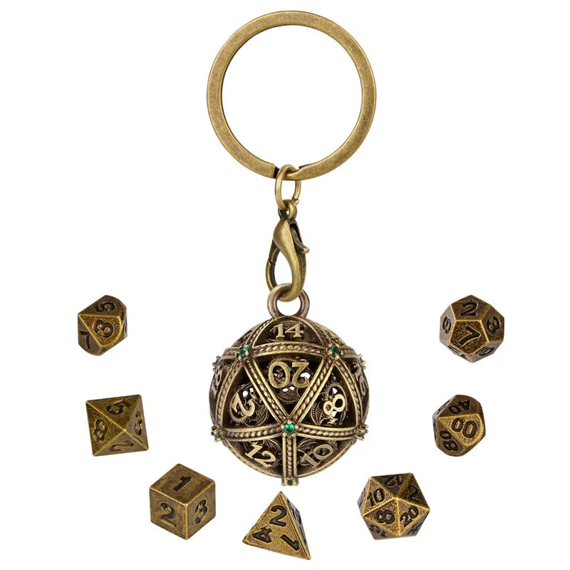 7pcs Mini Metal Polyhedral Dice Set RPG Gaming Dices Storage Case Hollow Round D20 Case Pendant Key Ring Necklace Chain Gift