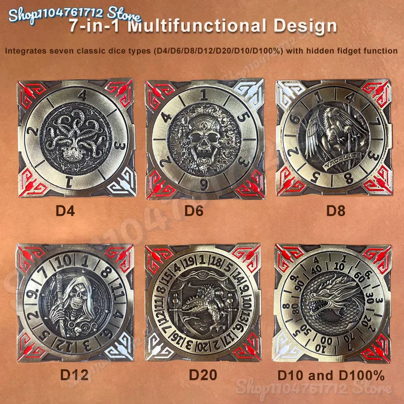 Metal Mechanical Roulette Spinning DND Fingertip Gyro Dice 7 in 1 for Dungeons and Dragons RPG Role Playing Tabletop Games Gift