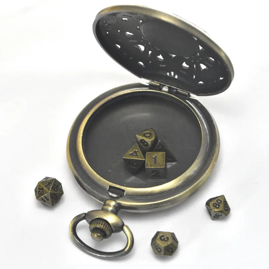 Vintage Emerald Flap Pocket Watch Box Mini Metal Polyhedron Bronze Dice Necklace， Board Game Accessories, Children's Gifts