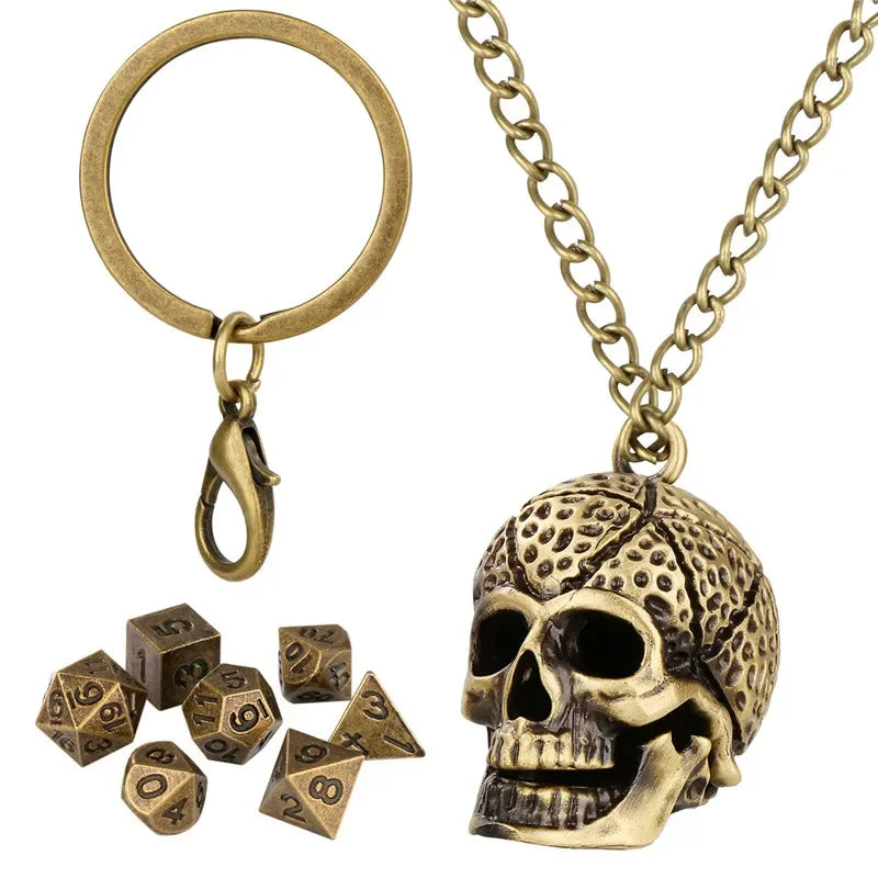 Gothic Portable Key Ring Necklace Chain with Hollow Skull Head Storage Case for 7pcs Tiny Polyhedral Dice Set Gaming Dices