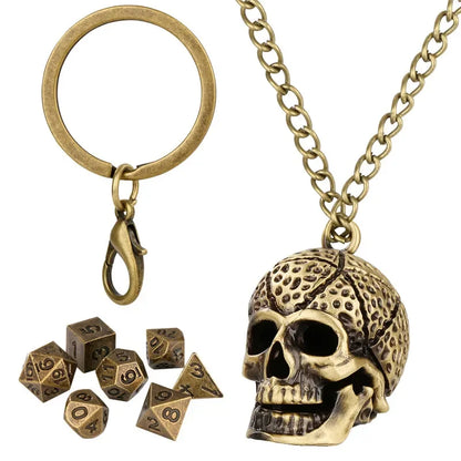 Gothic Portable Key Ring Necklace Chain with Hollow Skull Head Storage Case for 7pcs Tiny Polyhedral Dice Set Gaming Dices