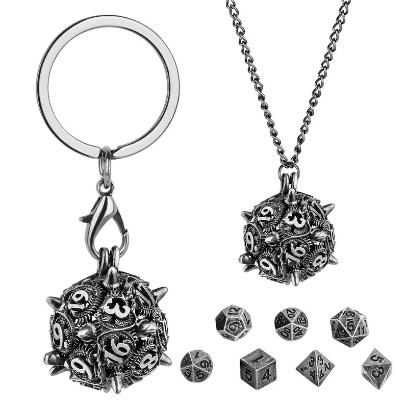 7pcs/set Tiny Metal Polyhedral Dice with Necklace Chain Key Ring D20 Storage Case Entertainment Table Board Role Play Game